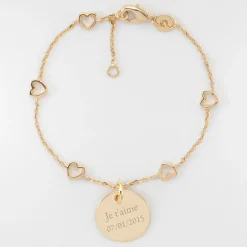 Bracelet chaîne coeurs ajourés Mariée personnalisé médaille gravée plaqué or 15 mm