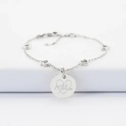 Bracelet chaîne coeurs ajourés Mariée personnalisé médaille gravée argent 15 mm