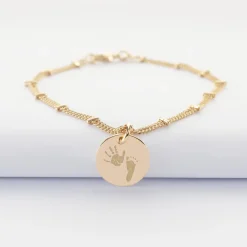 Bracelet chaîne double personnalisé médaille gravée plaqué or 15 mm
