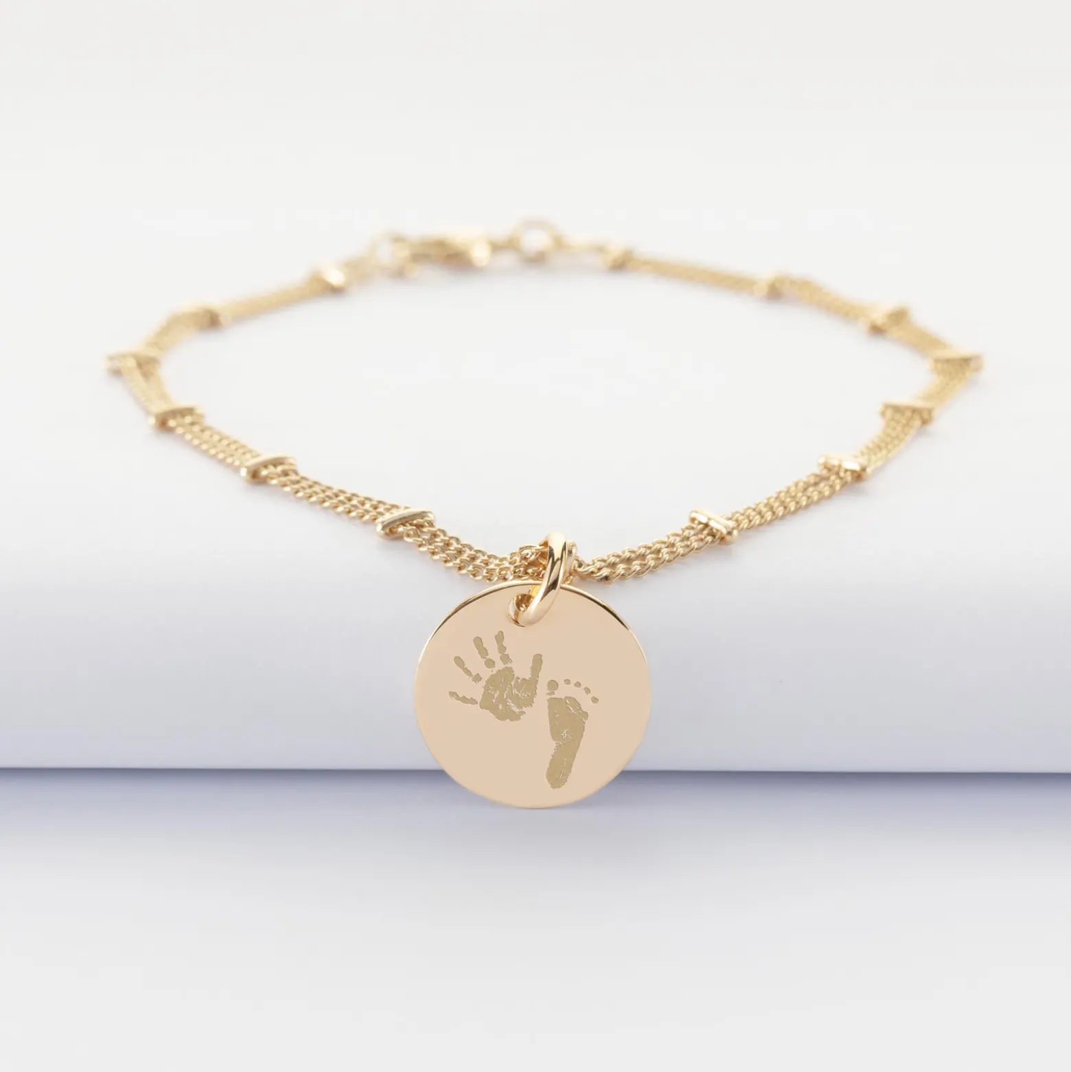 Bracelet chaîne double personnalisé médaille gravée plaqué or 15 mm
