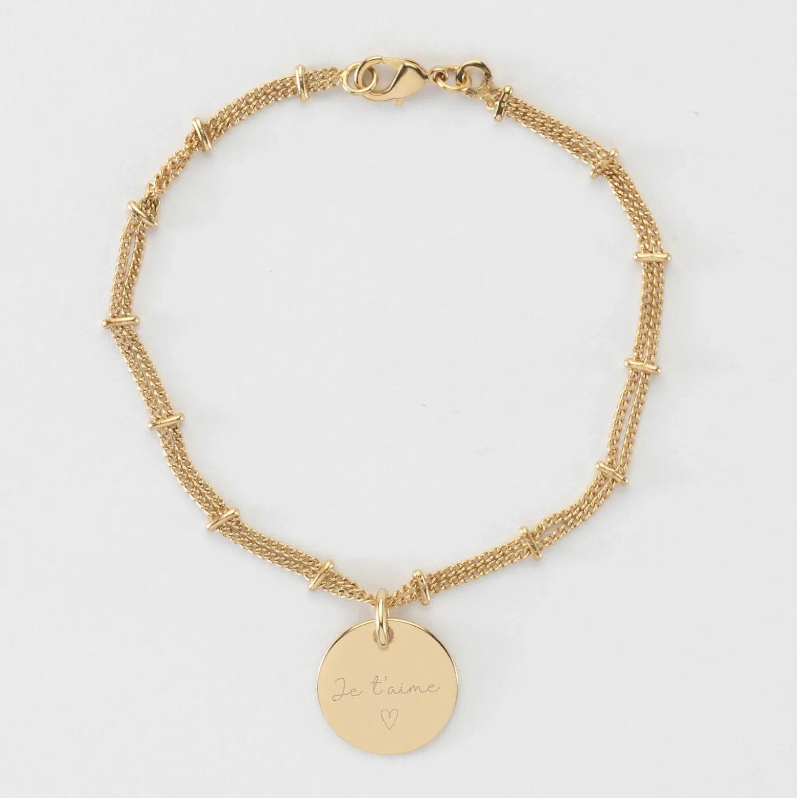 Bracelet chaîne double personnalisé médaille gravée plaqué or 15 mm