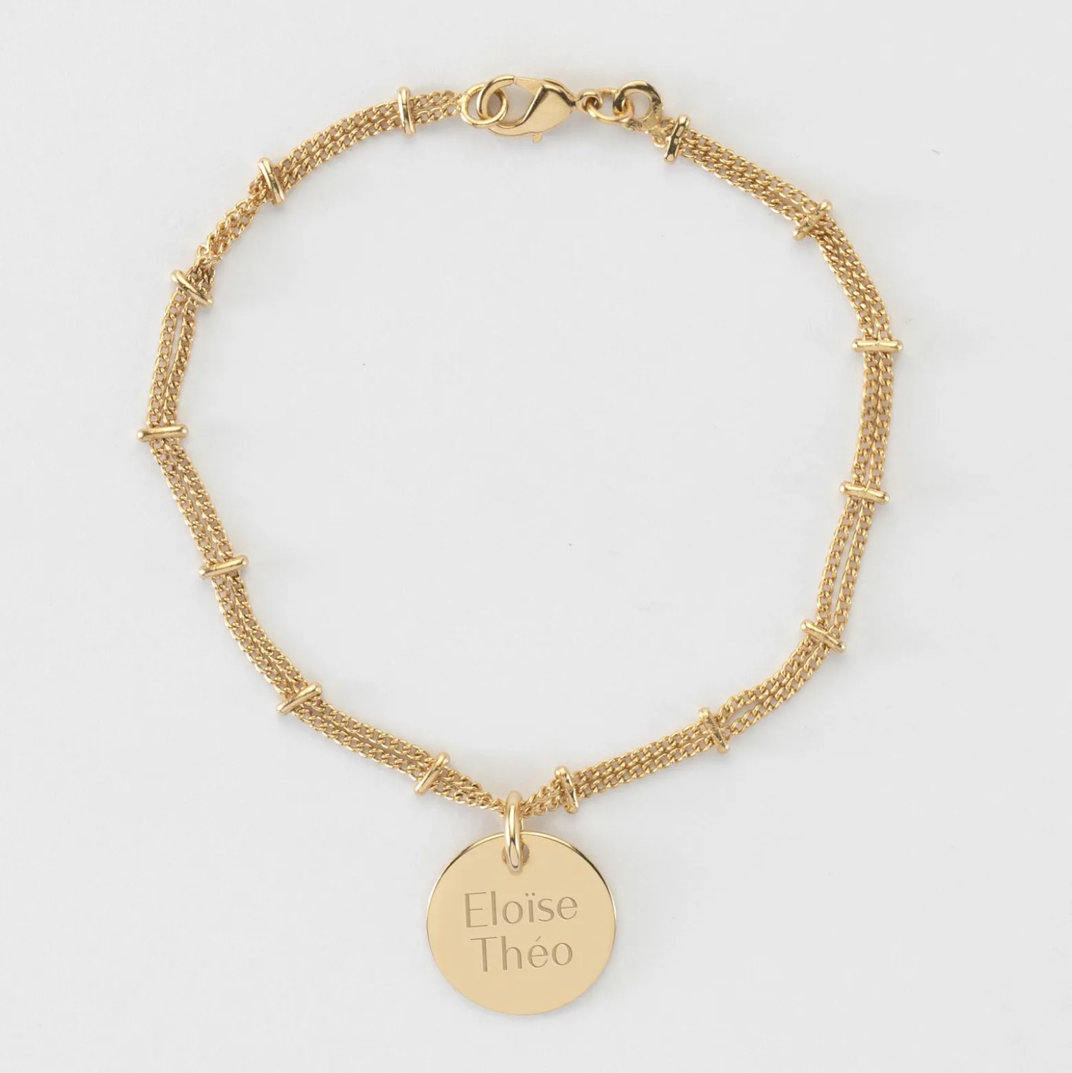 Bracelet chaîne double personnalisé médaille gravée plaqué or 15 mm