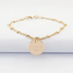 Bracelet chaîne double personnalisé médaille gravée plaqué or 15 mm