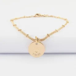 Bracelet chaîne double personnalisé médaille gravée plaqué or coeur estampillé 15 mm - HappyBulle x Atelier Wagram
