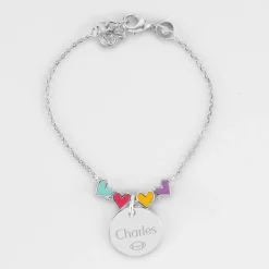 Bracelet chaîne enfant cœur email multicolore personnalisé médaille gravée argent 15 mm