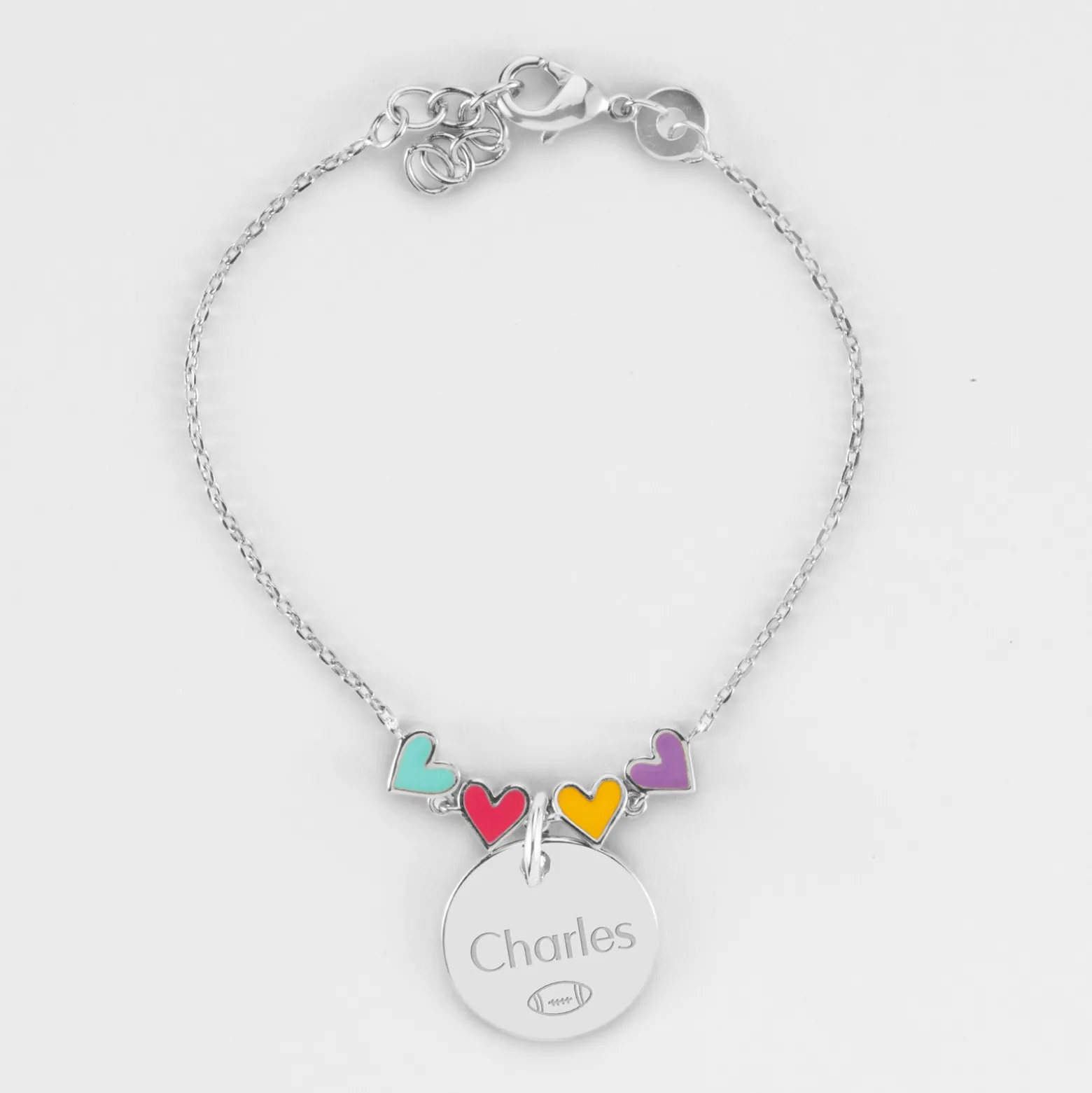 Bracelet chaîne enfant cœur email multicolore personnalisé médaille gravée argent 15 mm
