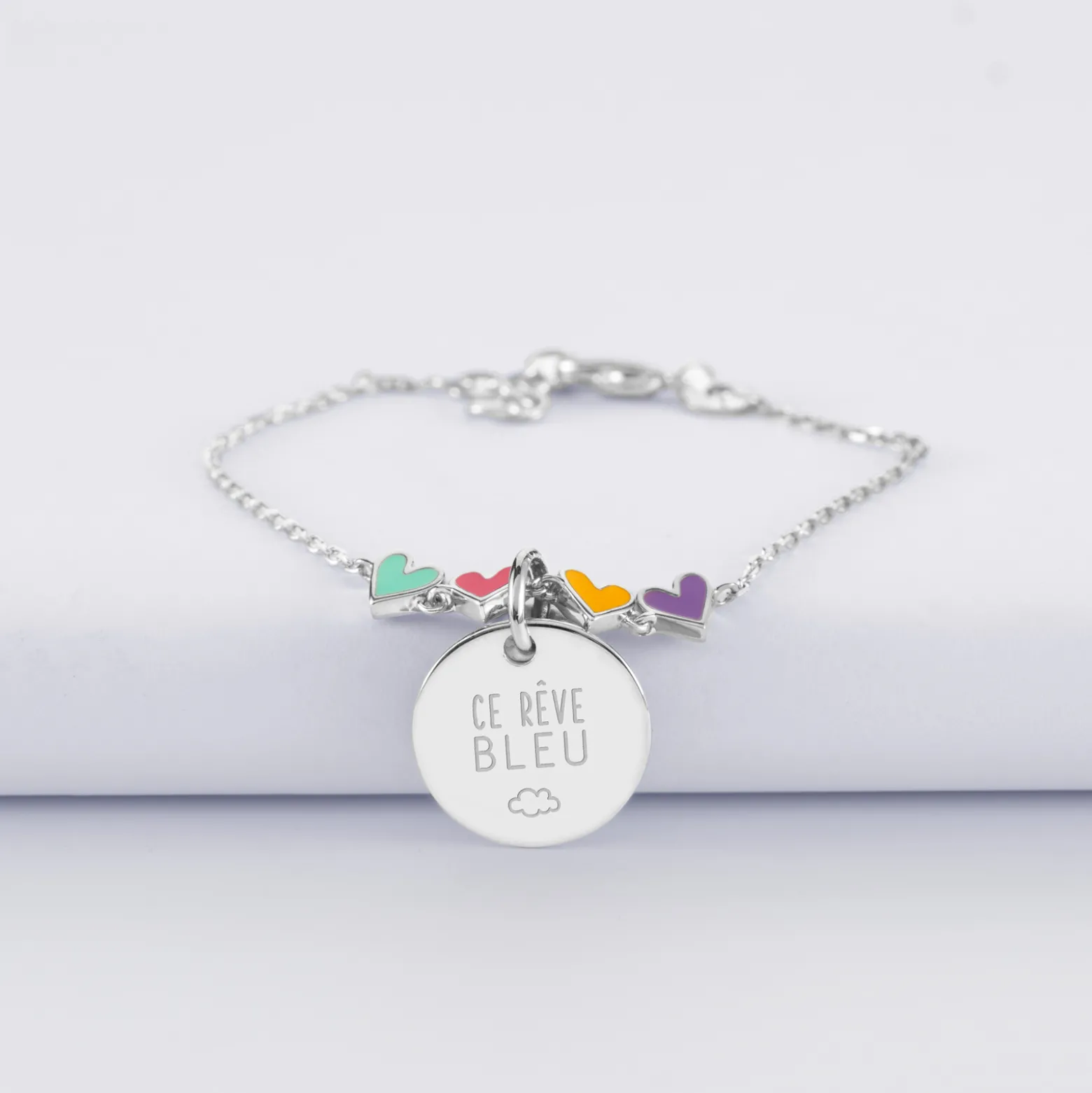 Bracelet chaîne enfant cœur email multicolore personnalisé médaille gravée argent 15 mm