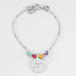 Bracelet chaîne enfant cœur email multicolore personnalisé médaille gravée argent 15 mm