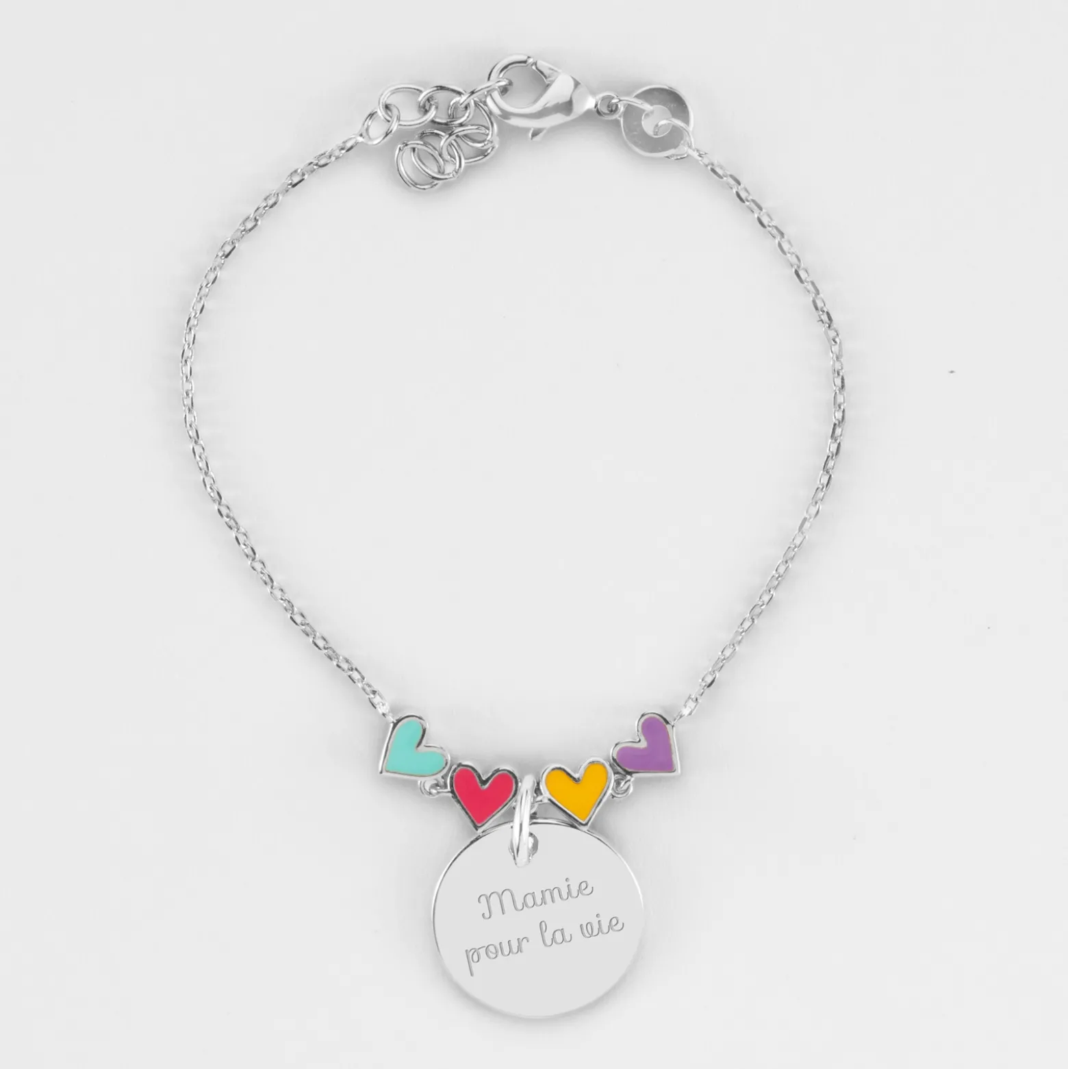 Bracelet chaîne enfant cœur email multicolore personnalisé médaille gravée argent 15 mm