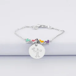 Bracelet chaîne enfant cœur email multicolore personnalisé médaille gravée argent 15 mm
