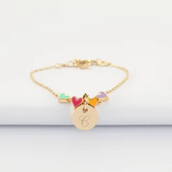 Bracelet chaîne enfant cœur email multicolore personnalisé médaille gravée plaqué or 10 mm