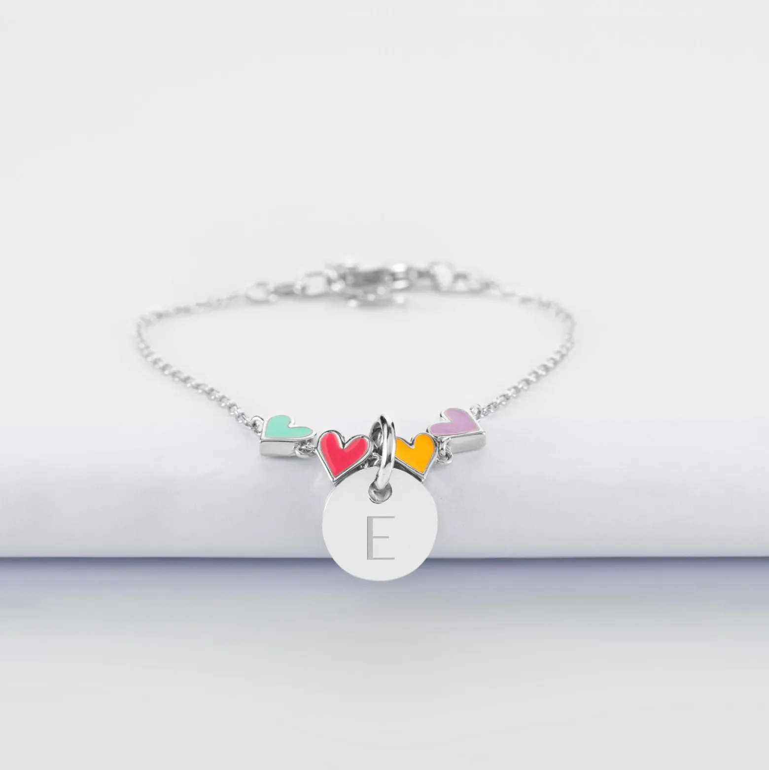 Bracelet chaîne enfant cœur email multicolore personnalisé médaille gravée argent 10 mm