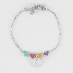 Bracelet chaîne enfant cœur email multicolore personnalisé médaille gravée argent 10 mm