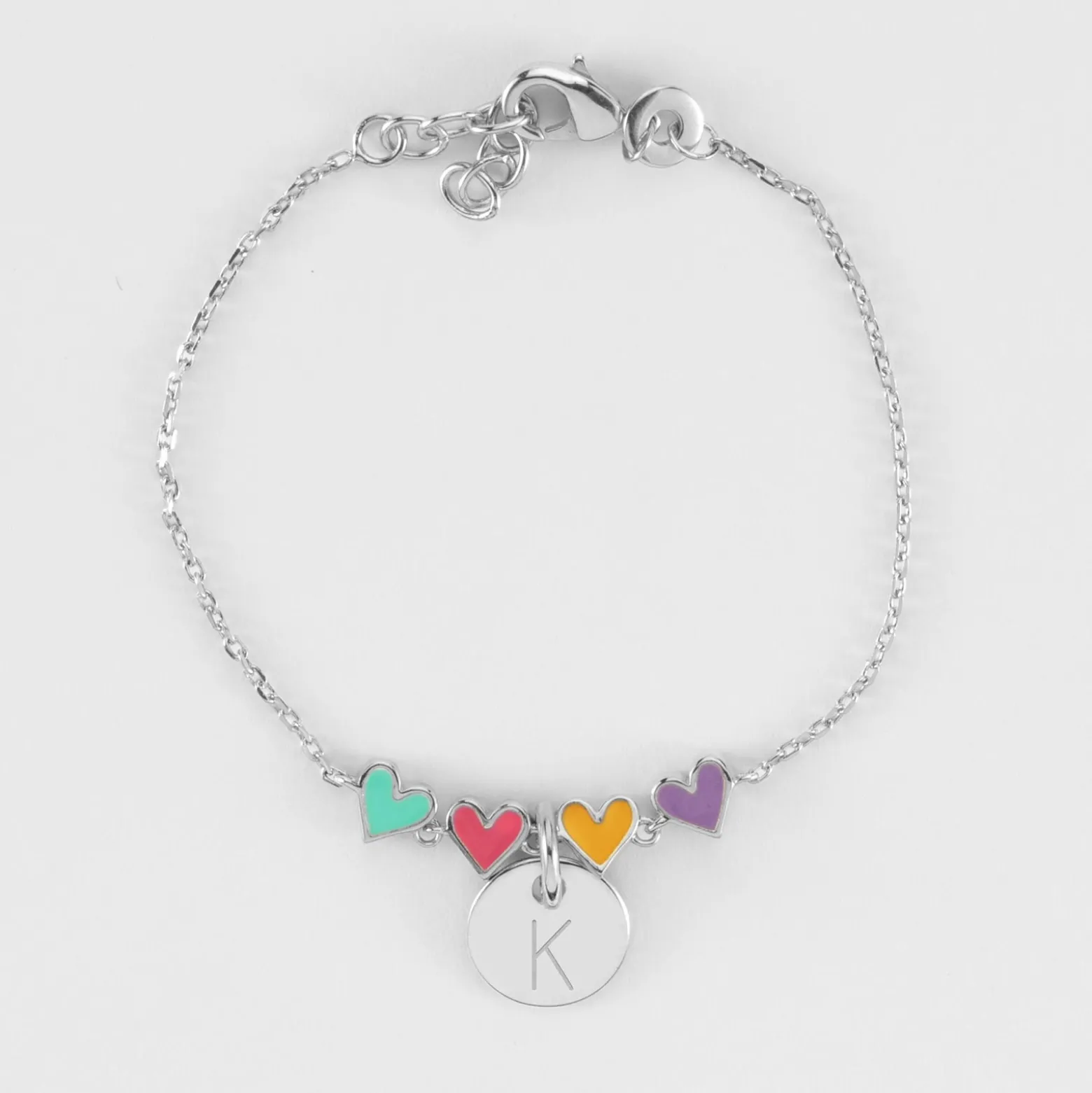 Bracelet chaîne enfant cœur email multicolore personnalisé médaille gravée argent 10 mm