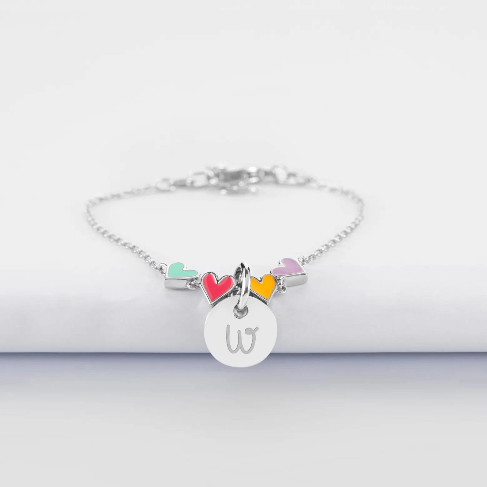Bracelet chaîne enfant cœur email multicolore personnalisé médaille gravée argent 10 mm