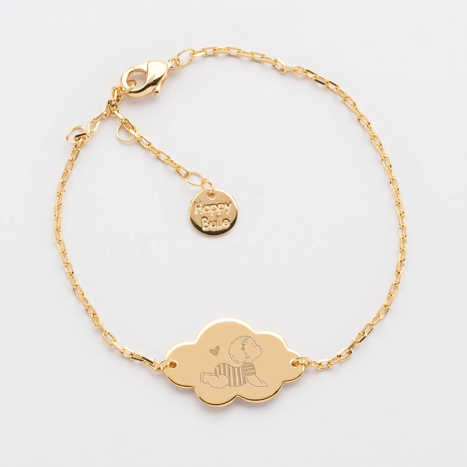 Bracelet chaîne enfant personnalisé illustration bébé médaille gravée plaqué or nuage 2 trous 20x14 mm - HappyBulle x Marie Savart