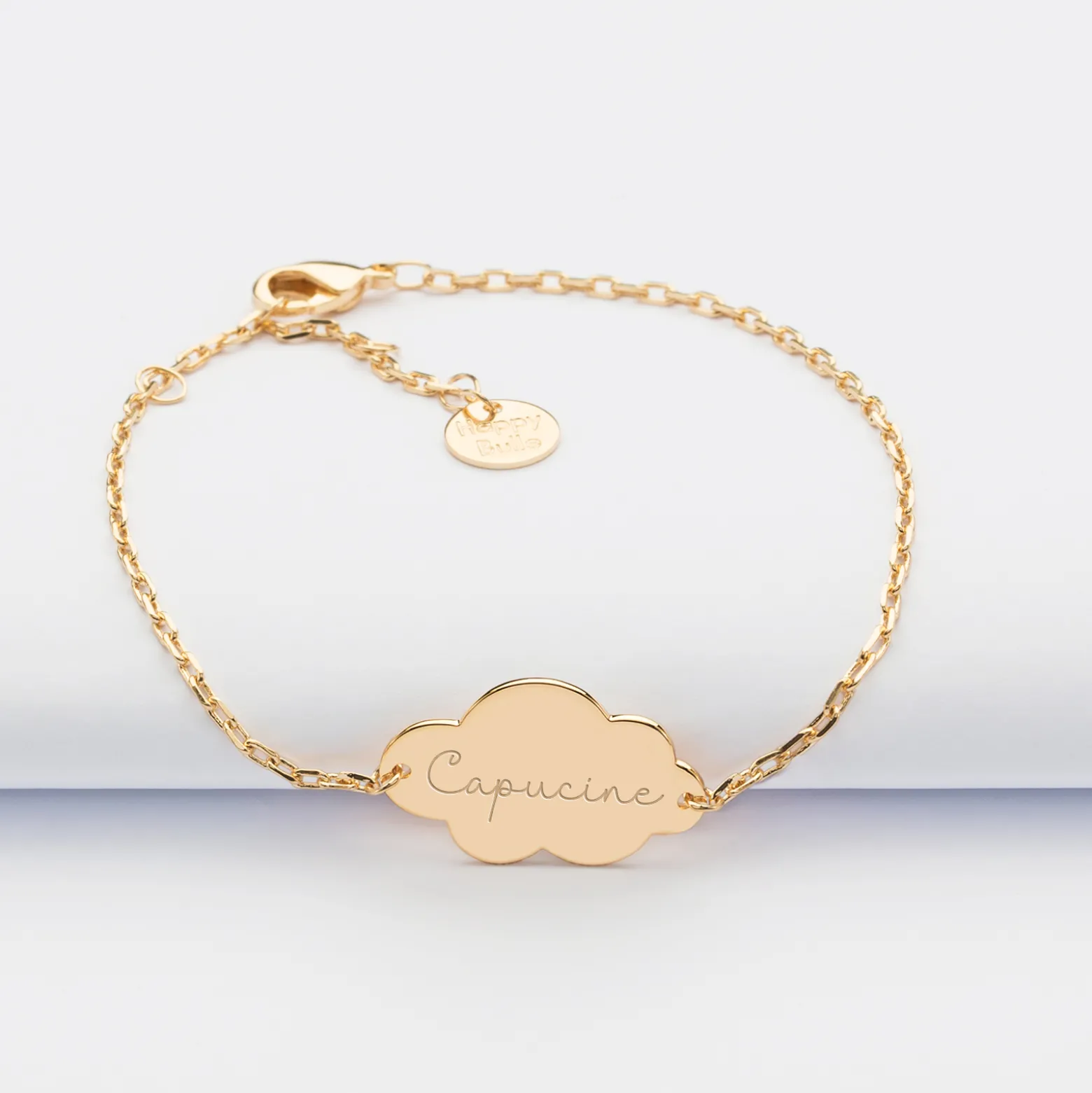 Bracelet chaîne enfant personnalisé médaille gravée plaqué or nuage 2 trous 20x14 mm