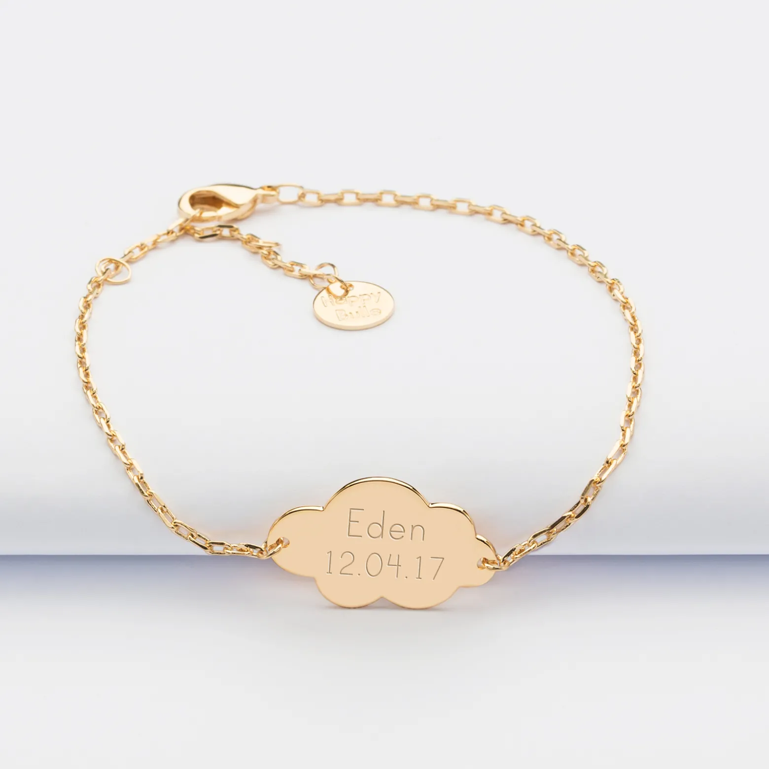 Bracelet chaîne enfant personnalisé médaille gravée plaqué or nuage 2 trous 20x14 mm