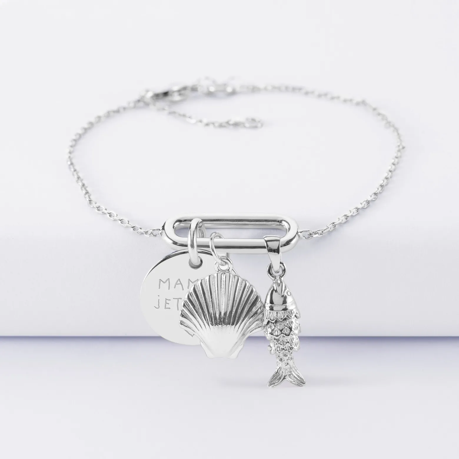 Bracelet chaîne ovale ouvert personnalisé médaille gravée argent 15 mm et breloque(s) summer - à composer