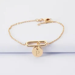 Bracelet chaîne ovale ouvert personnalisé médaille gravée plaqué or 10 mm