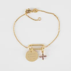 Bracelet chaîne ovale ouvert personnalisé médaille gravée plaqué or 15 mm et breloque fleur pétales zircons 10 mm