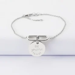 Bracelet chaîne ovale ouvert personnalisé médaille gravée argent 15 mm