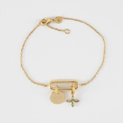 Bracelet chaîne ovale ouvert personnalisé médaille gravée plaqué or 10 mm et breloque fleur pétales zircons 10 mm