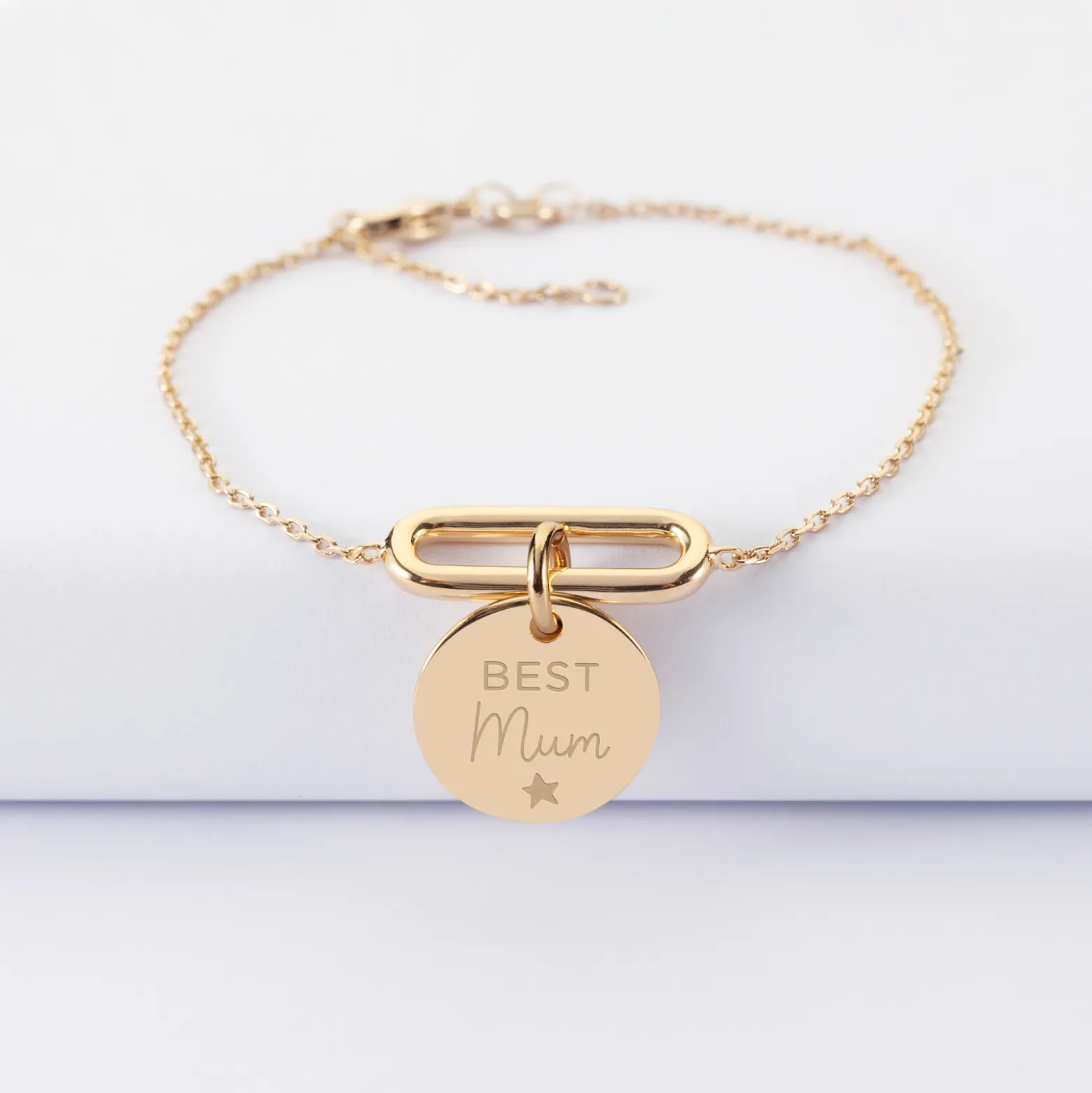 Bracelet chaîne ovale ouvert personnalisé médaille gravée plaqué or 15 mm