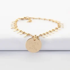Bracelet chaîne pampilles personnalisé médaille gravée plaqué or 15 mm