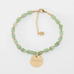 Bracelet chaîne perles personnalisé médaille gravée plaqué or ronde 15 mm