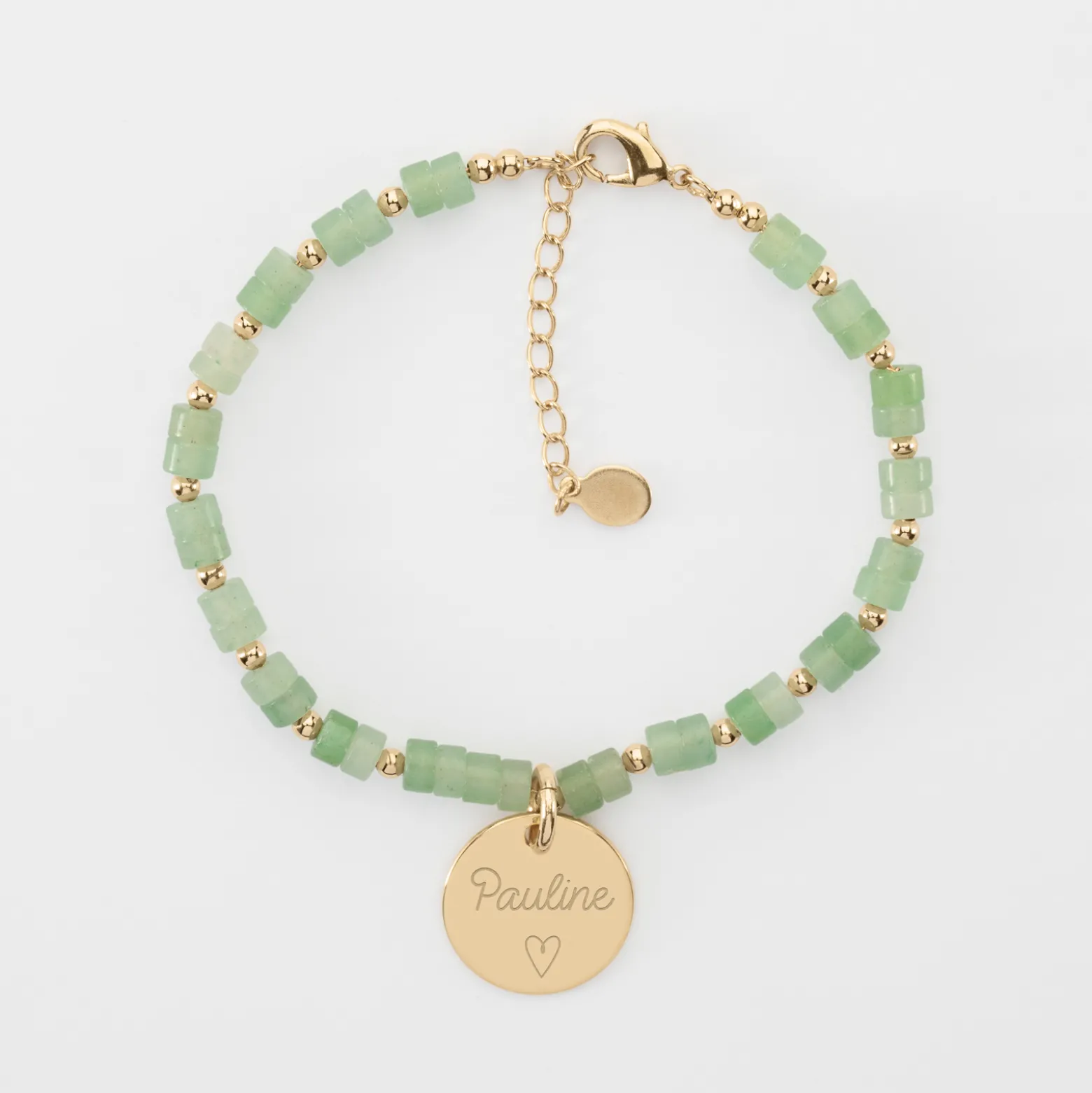 Bracelet chaîne perles personnalisé médaille gravée plaqué or ronde 15 mm