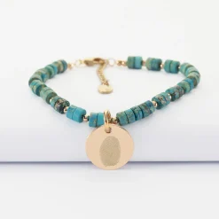 Bracelet chaîne perles personnalisé médaille gravée plaqué or ronde 15 mm