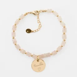 Bracelet chaîne perles personnalisé médaille gravée plaqué or ronde 15 mm