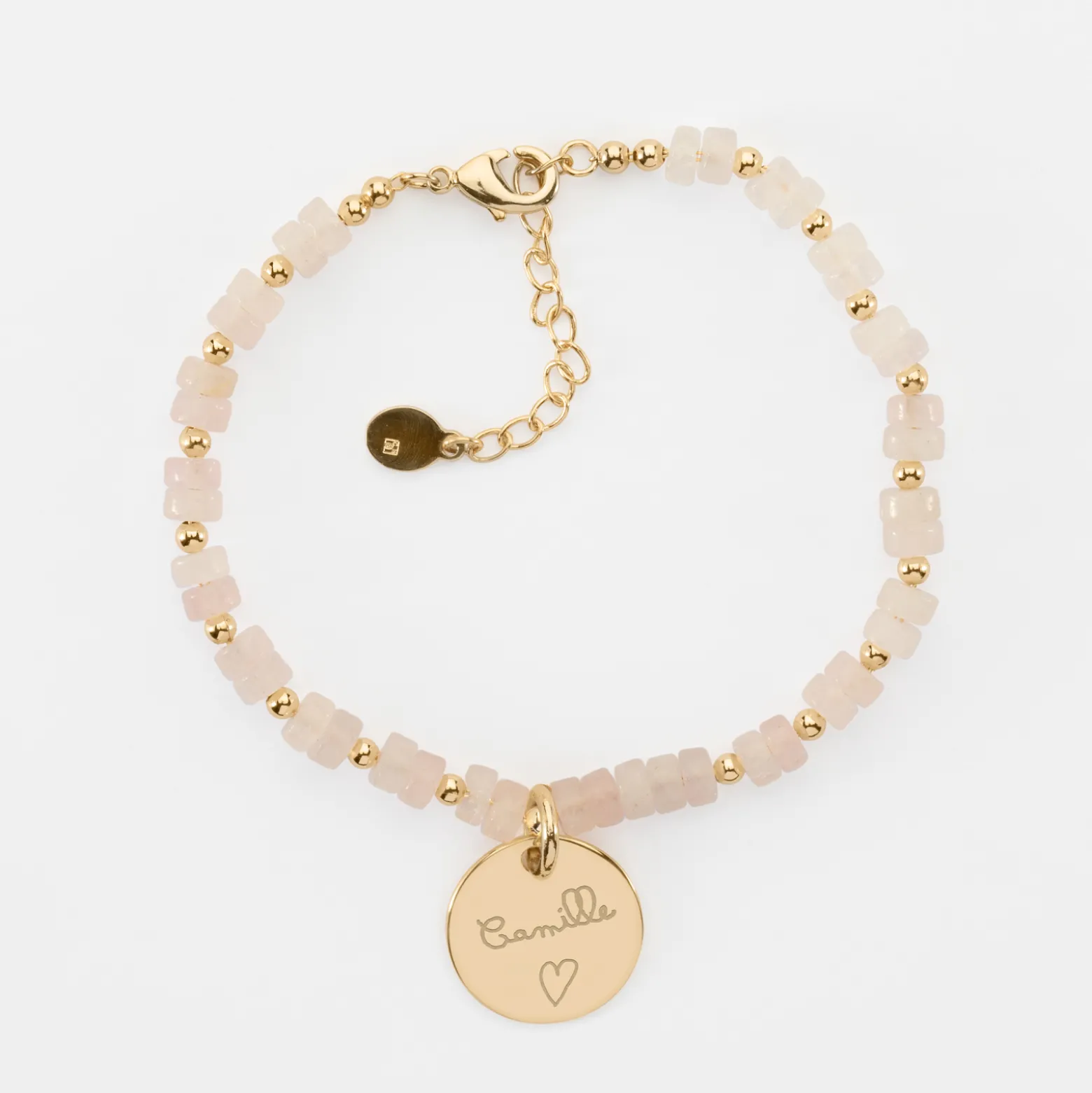 Bracelet chaîne perles personnalisé médaille gravée plaqué or ronde 15 mm