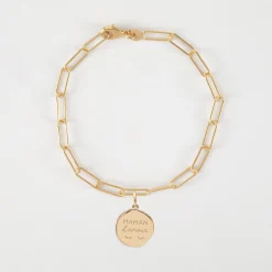 Bracelet chaîne personnalisé petites mailles médaille gravée plaqué or rose des vents texturée 14 mm