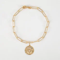 Bracelet chaîne personnalisé petites mailles médaille Lune zircons crépuscule gravée plaqué or 16 mm