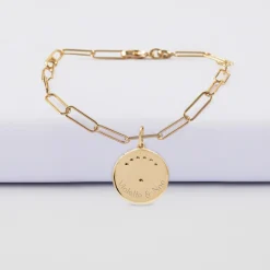 Bracelet chaîne personnalisé petites mailles médaille Lune zircons crépuscule gravée plaqué or 16 mm