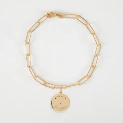 Bracelet chaîne personnalisé petites mailles médaille Lune zircons crépuscule gravée plaqué or 16 mm
