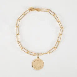 Bracelet chaîne personnalisé petites mailles médaille Lune zircons crépuscule gravée plaqué or 16 mm