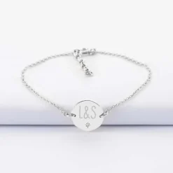 Bracelet chaîne personnalisé médaille scintillante gravée argent initiale 13 mm