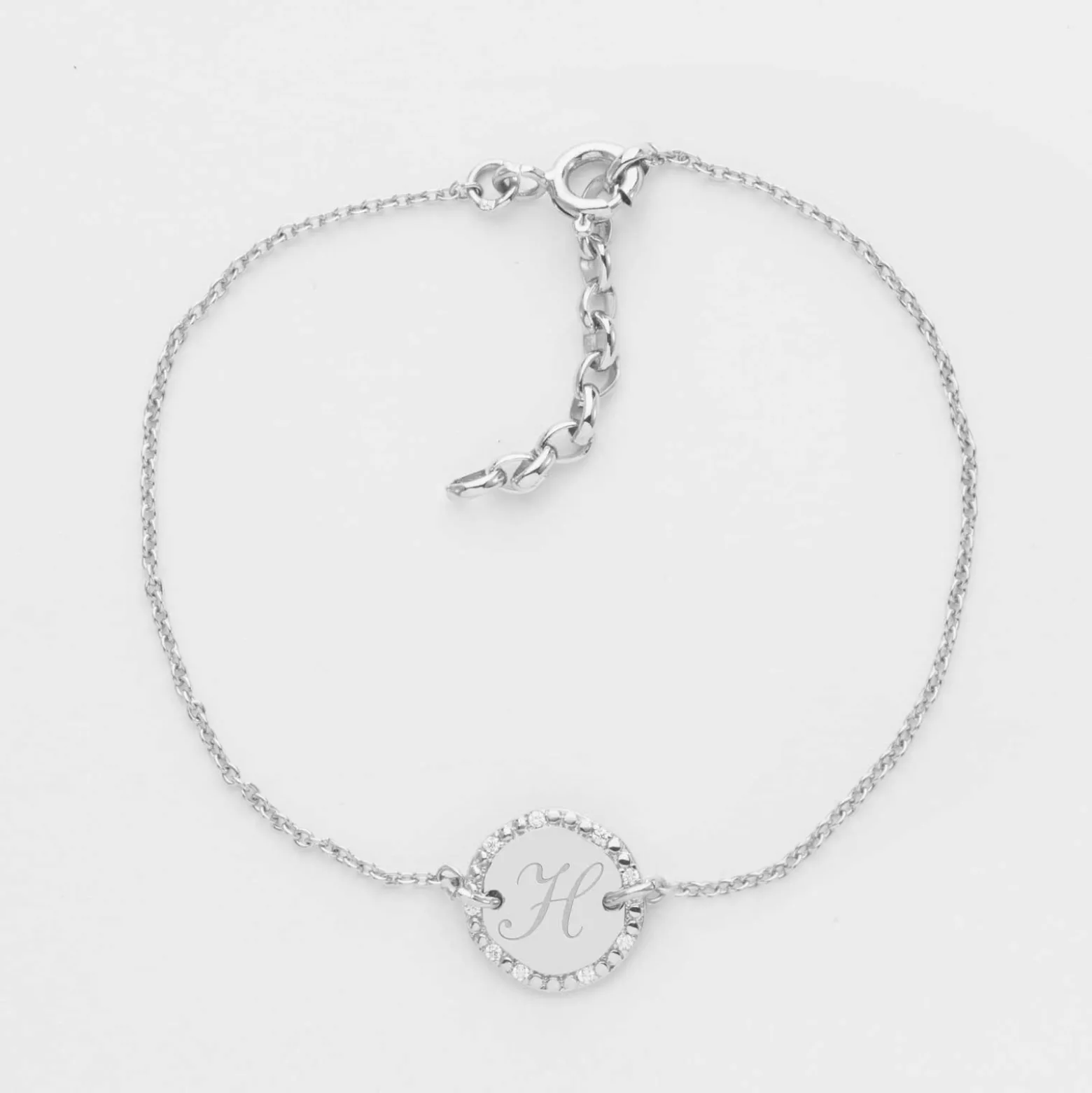 Bracelet chaîne personnalisé médaille contour scintillant gravée argent initiale 11 mm
