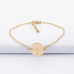Bracelet chaîne personnalisé médaille scintillante gravée plaqué or initiale 13 mm