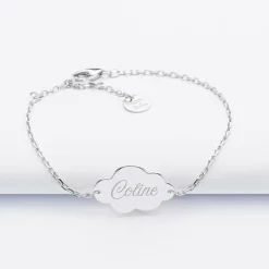 Bracelet chaîne personnalisé médaille gravée argent nuage 2 trous 20x14 mm