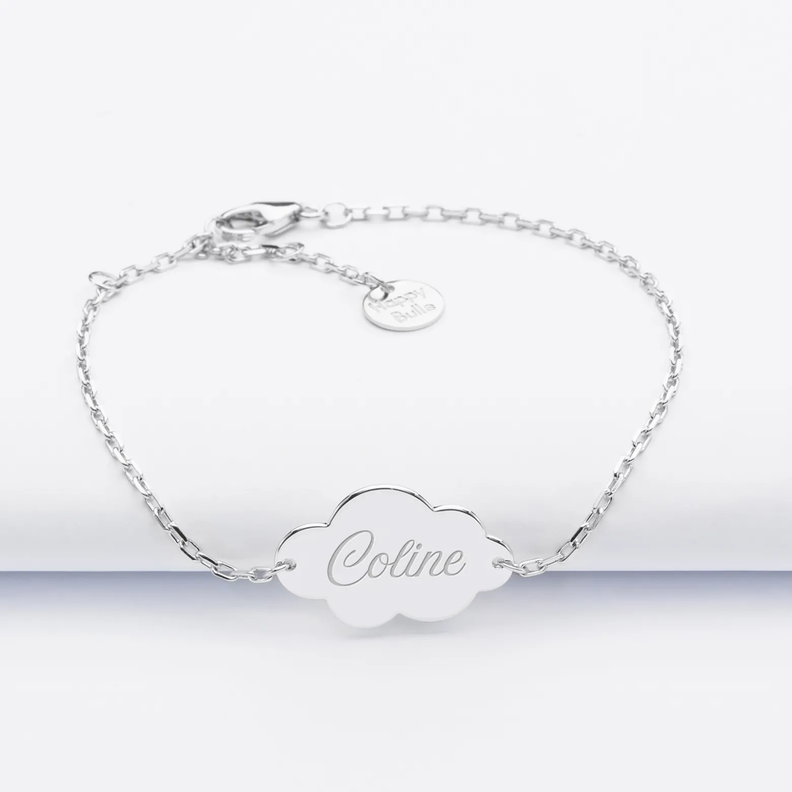 Bracelet chaîne personnalisé médaille gravée argent nuage 2 trous 20x14 mm