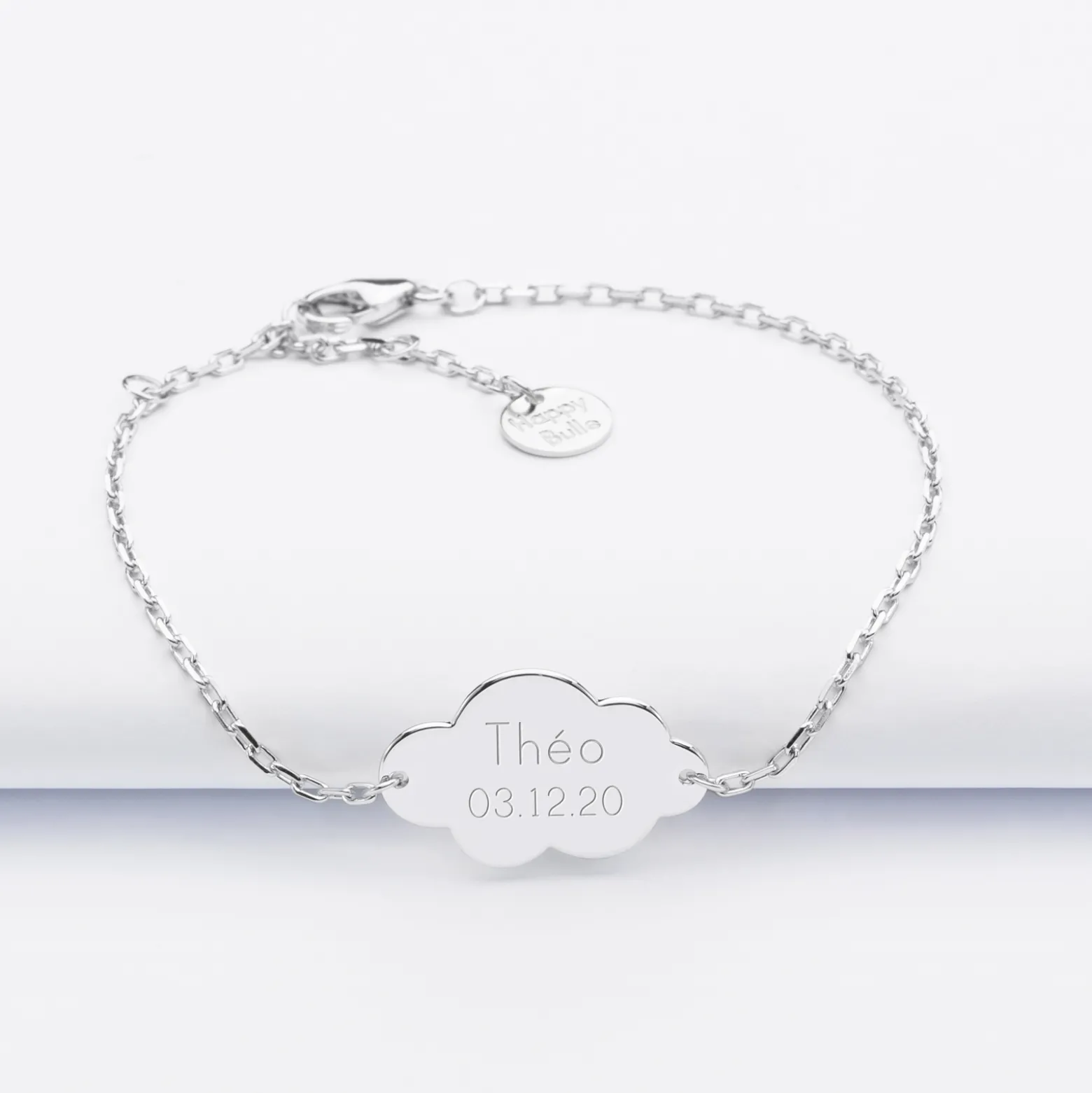 Bracelet chaîne personnalisé médaille gravée argent nuage 2 trous 20x14 mm