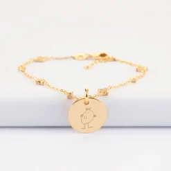 Bracelet chaîne scintillant personnalisé médaille gravée plaqué or 15 mm