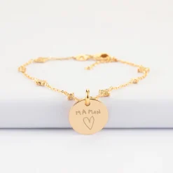 Bracelet chaîne scintillant personnalisé médaille gravée plaqué or 15 mm