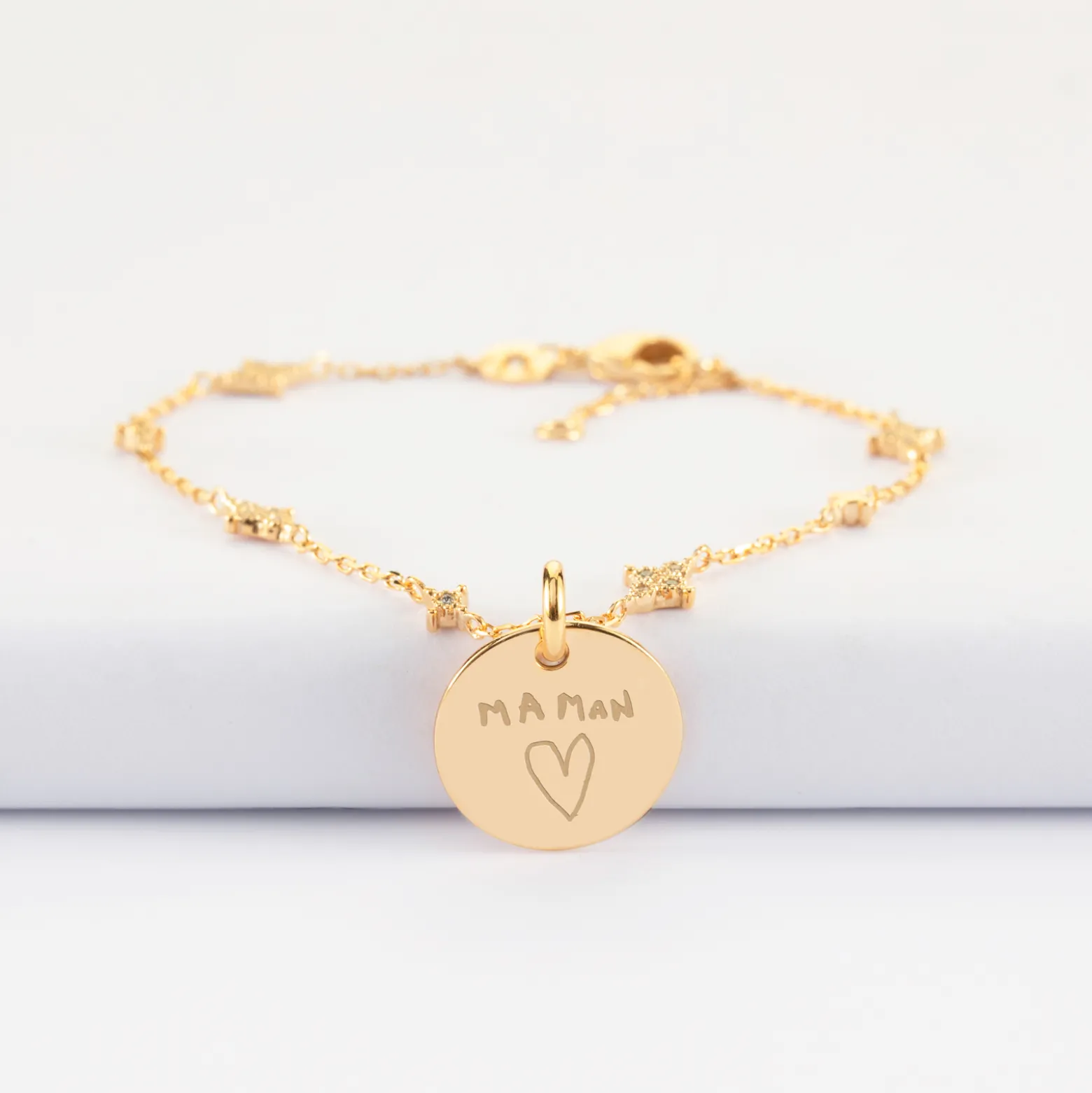 Bracelet chaîne scintillant personnalisé médaille gravée plaqué or 15 mm