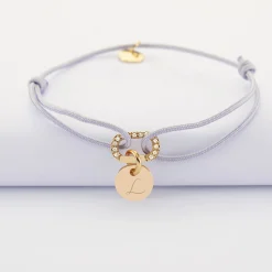 Bracelet cordon mousqueton scintillant personnalisé médaille gravée plaqué or 10 mm