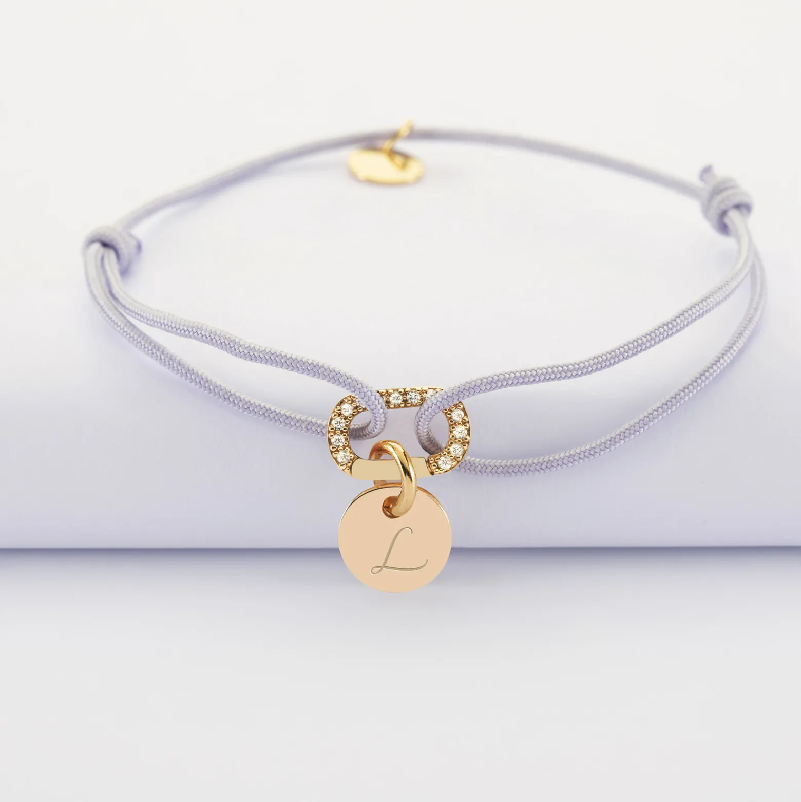 Bracelet cordon mousqueton scintillant personnalisé médaille gravée plaqué or 10 mm